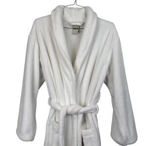 Pottery Barn White Plush Fleece Robe Size M Shawl Collar Belted Made in Turkey